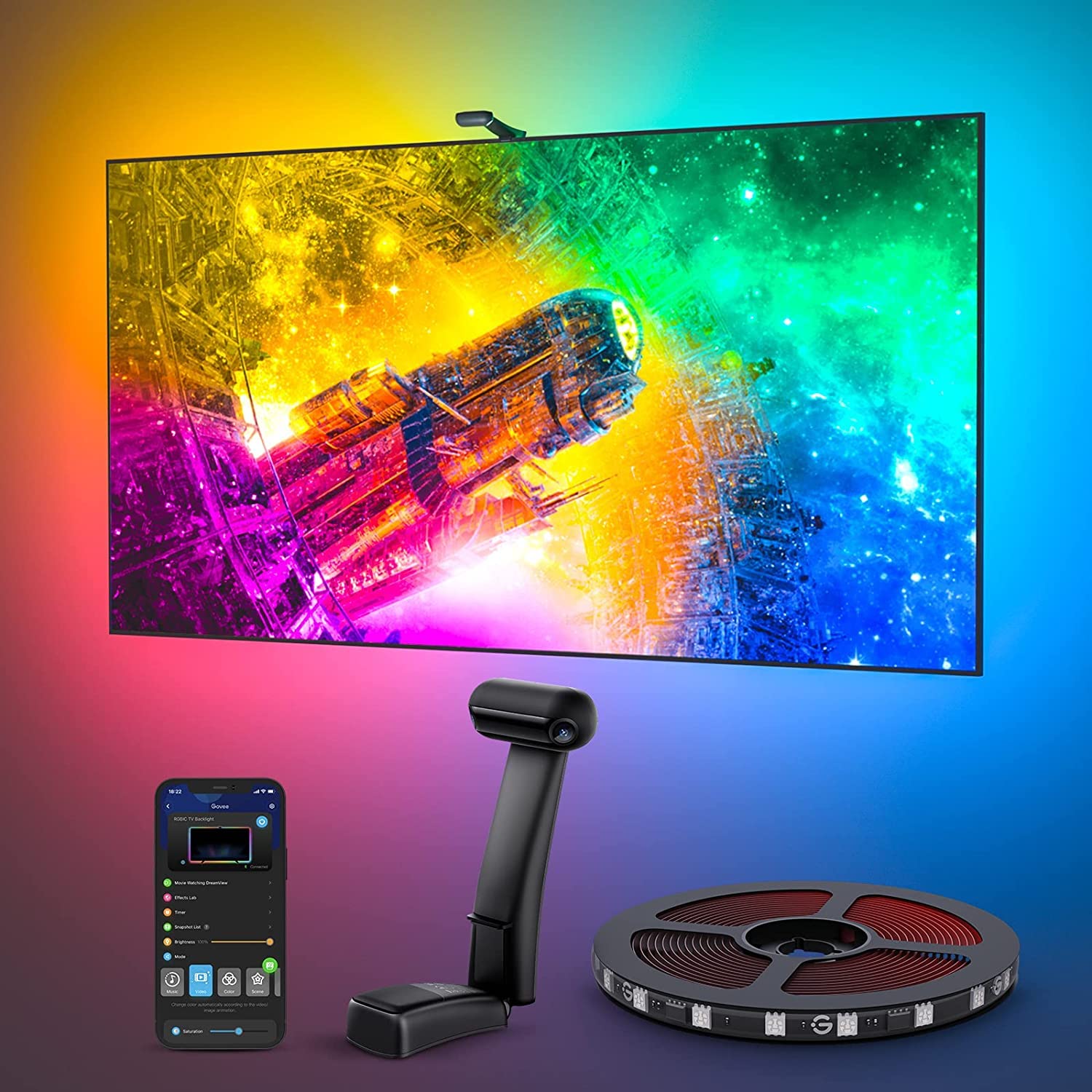 Govee Envision 电视 LED 背光 T2 带双摄像头，11.8 英尺 RGBIC Wi-Fi LED 灯带，适用于 55-65 英寸电视，双灯珠，适应超薄电视，智能应用控制，音乐同步，H605C