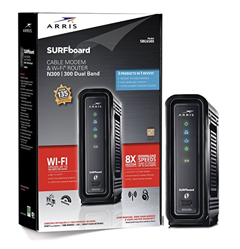 ARRIS SURFboard SBG6580 DOCSIS 3.0 电缆调制解调器/Wi-Fi N300 2.4Ghz + N300 5GHz 双频路由器 - 零售包装黑色 (570763-006-00)