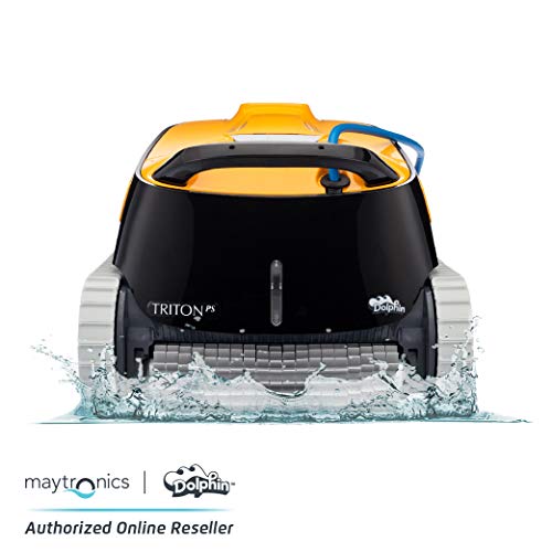 Maytronics 海豚Triton PS自动机器人泳池清洁器，带有超大滤篮和出色的洗涤能力，非常适合50英尺以下的地下游泳池。