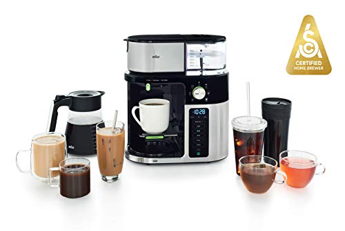 Braun MultiServe咖啡机，7种可编程冲泡大小/ 3种优势+冰咖啡和茶水，玻璃水瓶（10杯），不锈钢/黑色，KF9150BK
