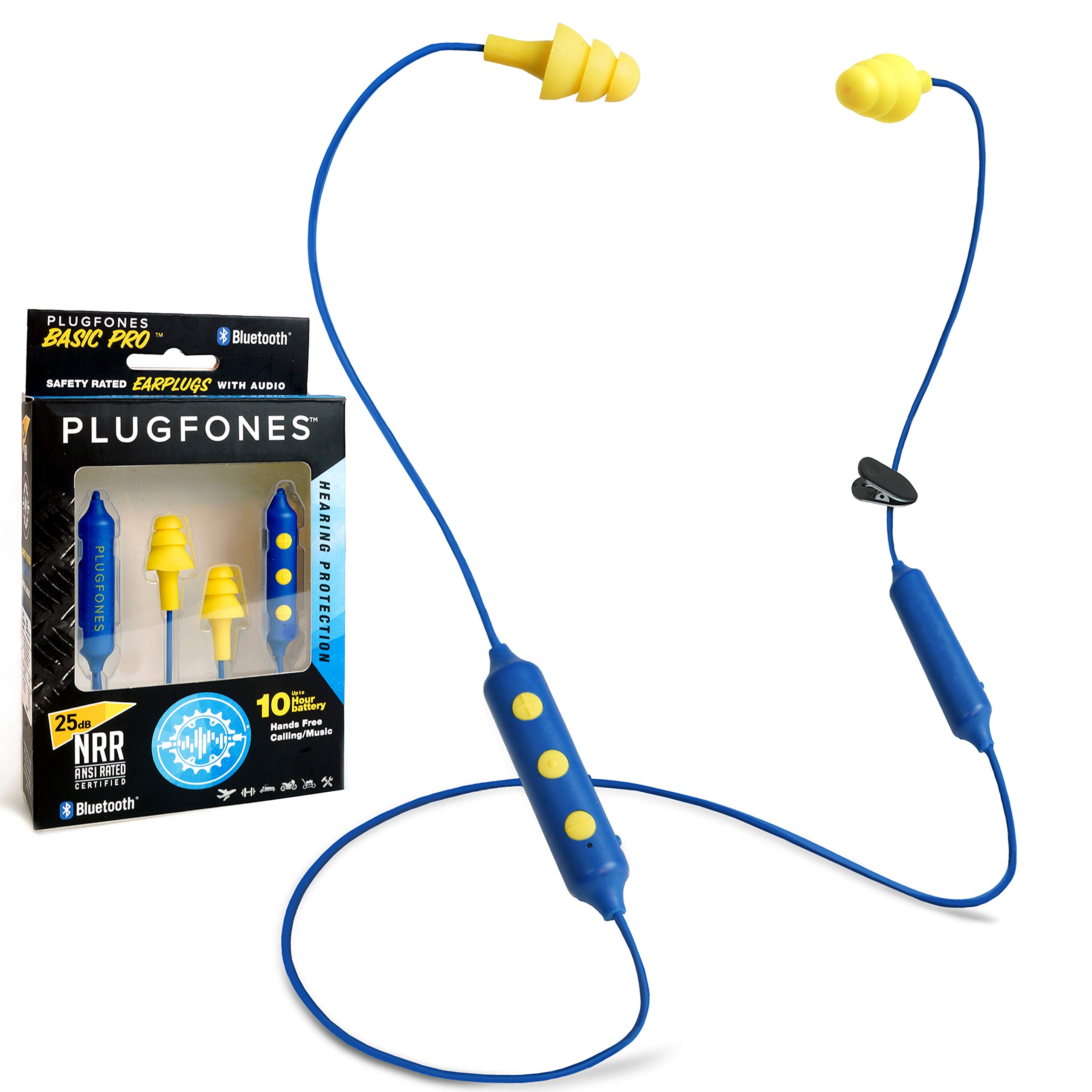 Plugfones 基本版 Pro 无线蓝牙入耳式耳塞 - 降噪耳机，带噪音隔离麦克风和控件（蓝色和黄色）