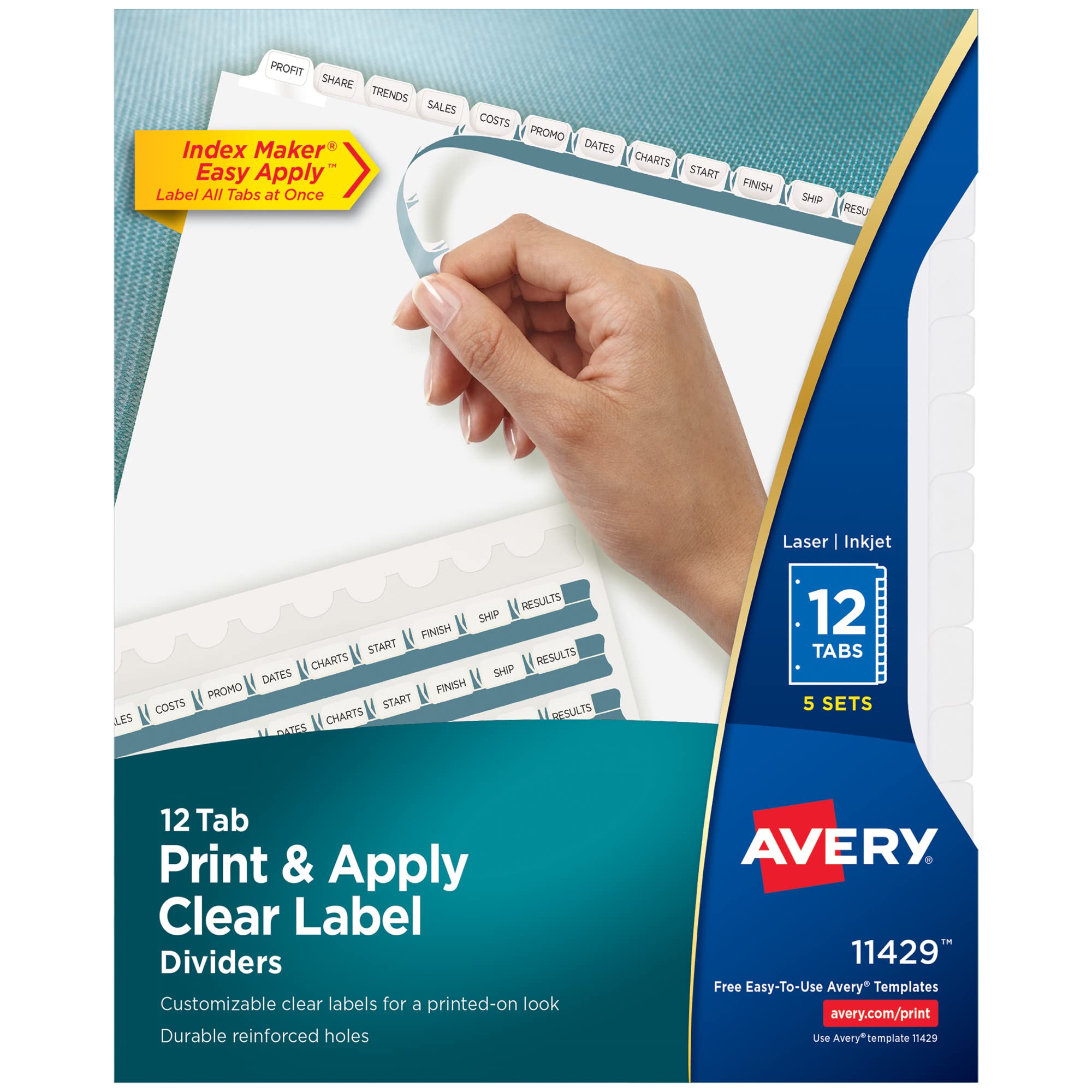 Avery 12 个标签分隔件，适用于 3 个环形活页夹，轻松打印和粘贴透明标签条，索引器可定制白色标签，6 ...