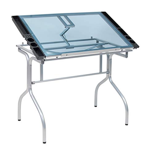SD STUDIO DESIGNS 可折叠现代玻璃顶可调节绘图桌工艺桌绘图桌爱好桌写字台工作室书桌，35.25 英寸宽 x 23.75 英寸深，银色/蓝色玻璃