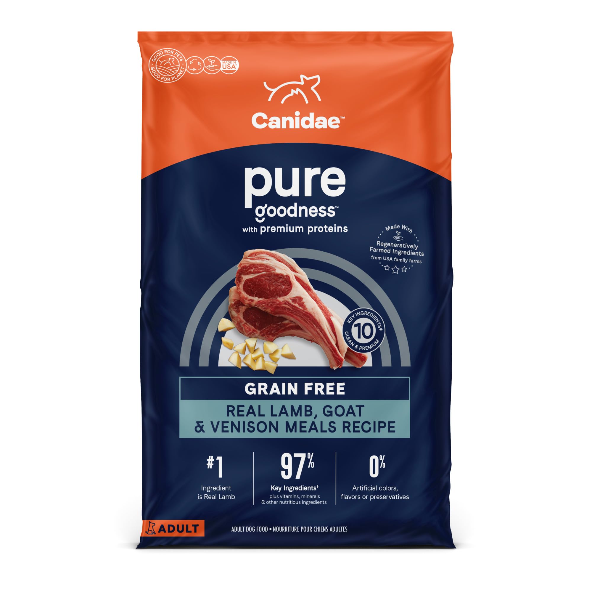 Canidae Pure Real 羔羊肉、山羊肉和鹿肉膳食食谱成人干狗粮，24 磅。