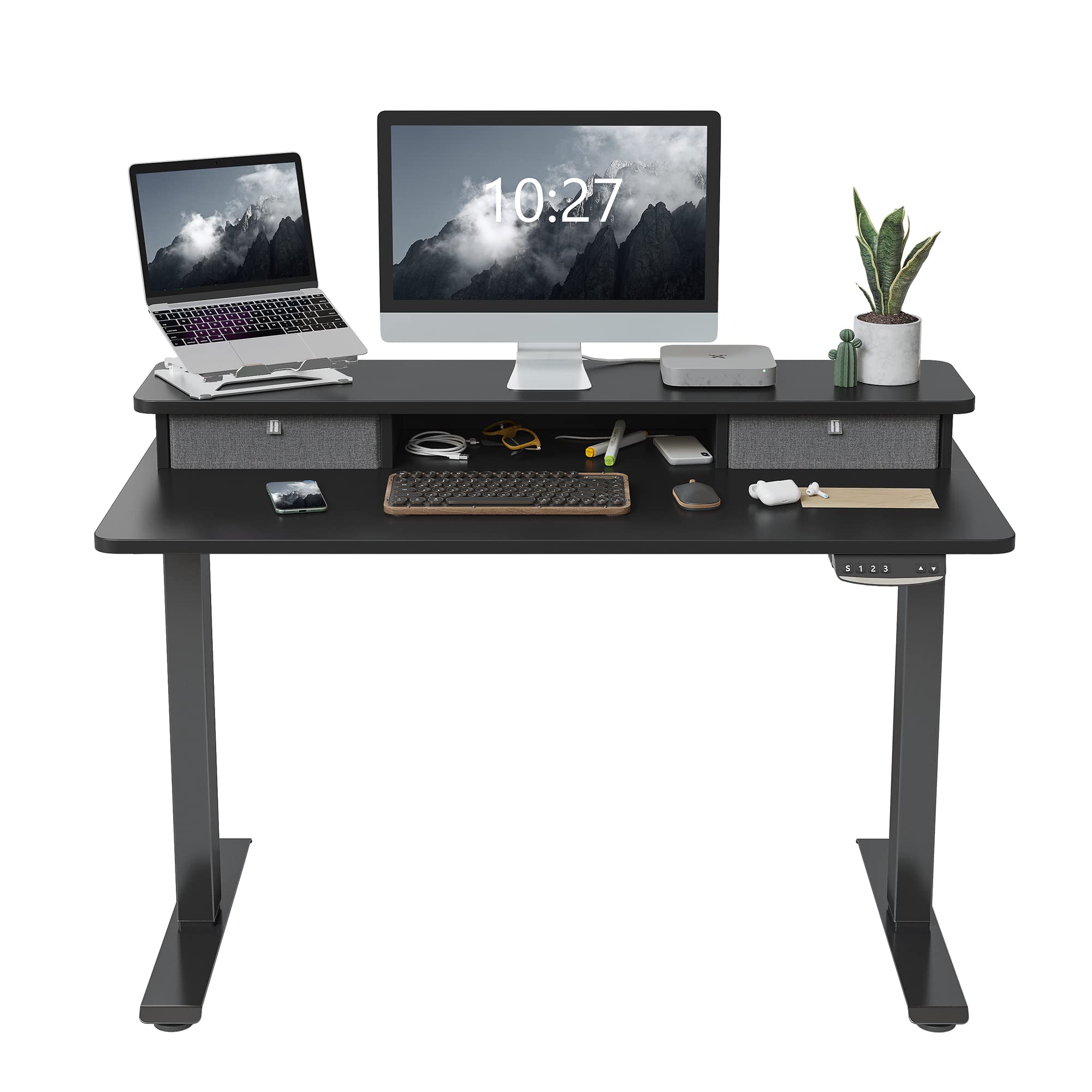 FEZIBO 高度可调电动站立式办公桌带双抽屉、桌子带储物架、坐立式办公桌带拼接板