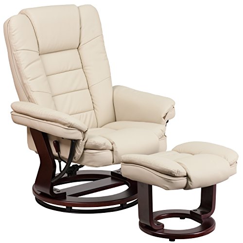 Flash Furniture 可旋转桃花心木底座的当代黑色皮革躺椅/脚垫