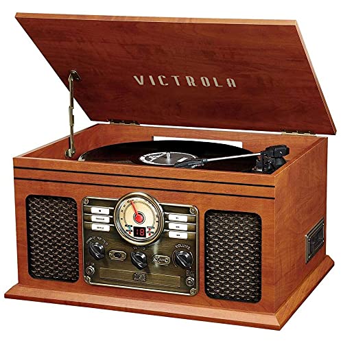 Victrola 怀旧 6 合 1 蓝牙电唱机和多媒体中心，带内置扬声器 - 3 速转盘、CD 和盒式磁带播放器、FM 收音机 |无线音乐流 |桃花心木