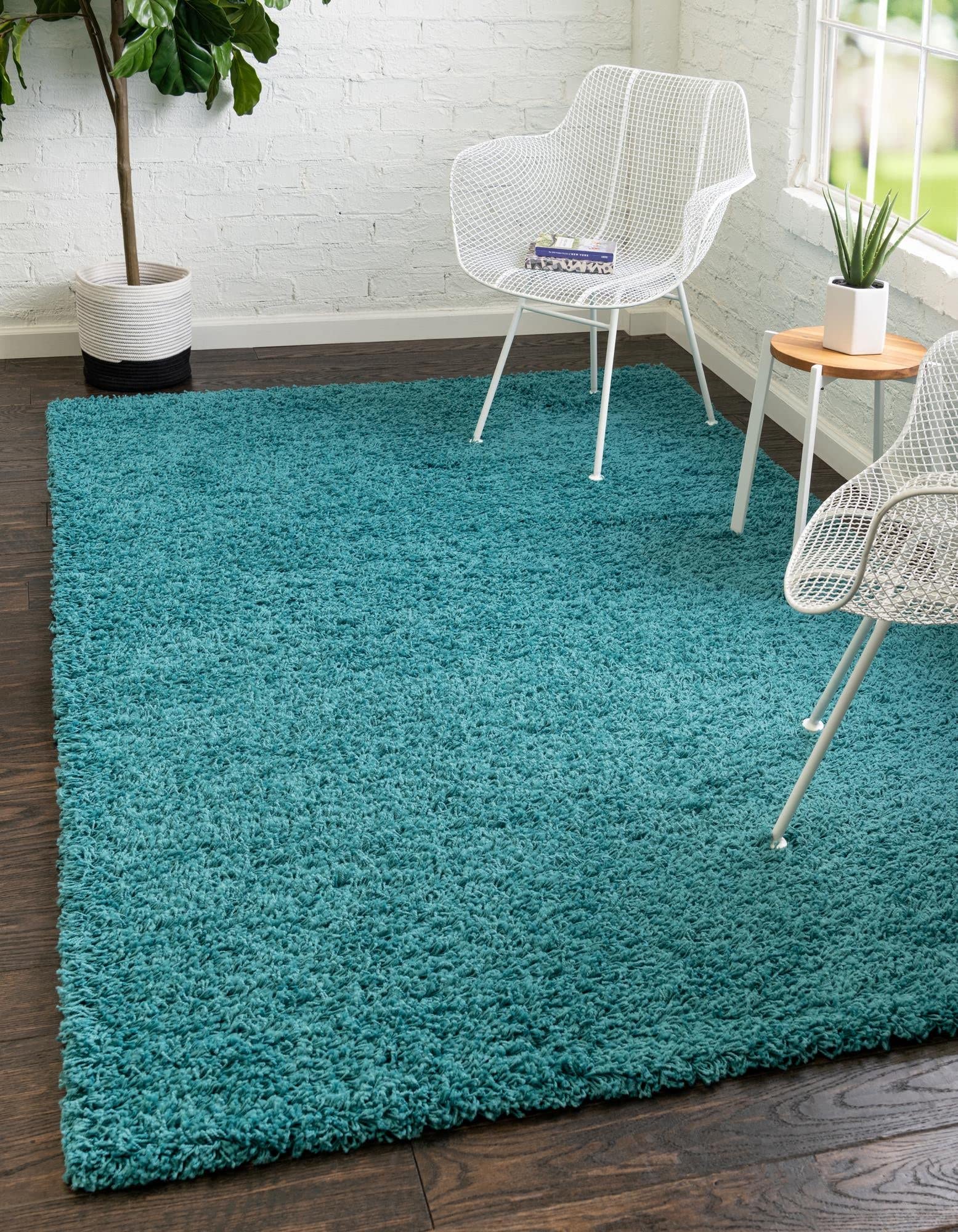 Unique Loom 纯色粗毛收集区地毯（8' x 10'，深水蓝色）