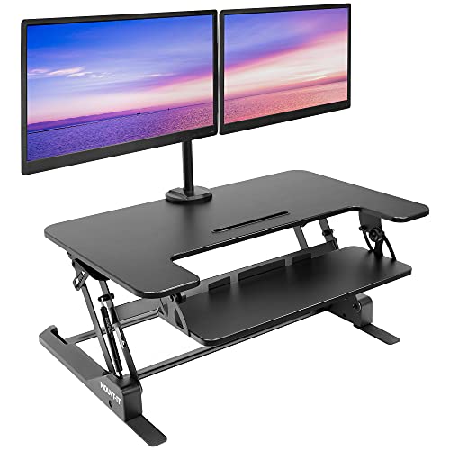 Mount-It! 站立式办公桌转换器，附赠双显示器支架 - 高度可调节站立式办公桌 - 宽 36 英寸坐立式...