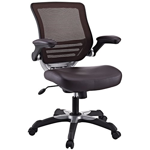 Modway Edge网格靠背和白色素食皮革座椅办公椅，带上翻式双臂电脑桌，棕色...