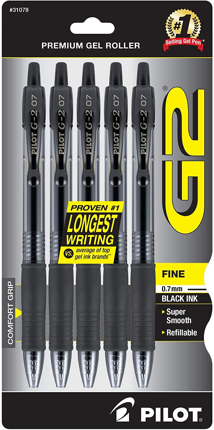 PILOT G2 高级可填充和可伸缩滚珠中性笔，细尖，黑色墨水，5 支装 (31078)