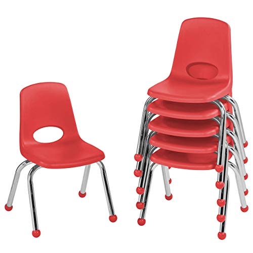 Factory Direct Partners FDP 12' 学校叠放椅，带镀铬钢腿和滚珠滑轨的叠放学生座椅；适用于家庭学习或课堂 - 红色（6 件装）