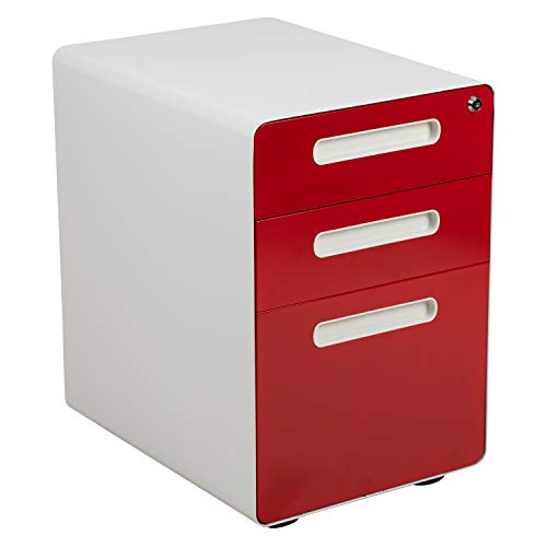 Flash Furniture 符合人体工程学的三抽屉移动锁定文件柜，带防倾斜装置和字母/法律抽屉，白色，带红色面板
