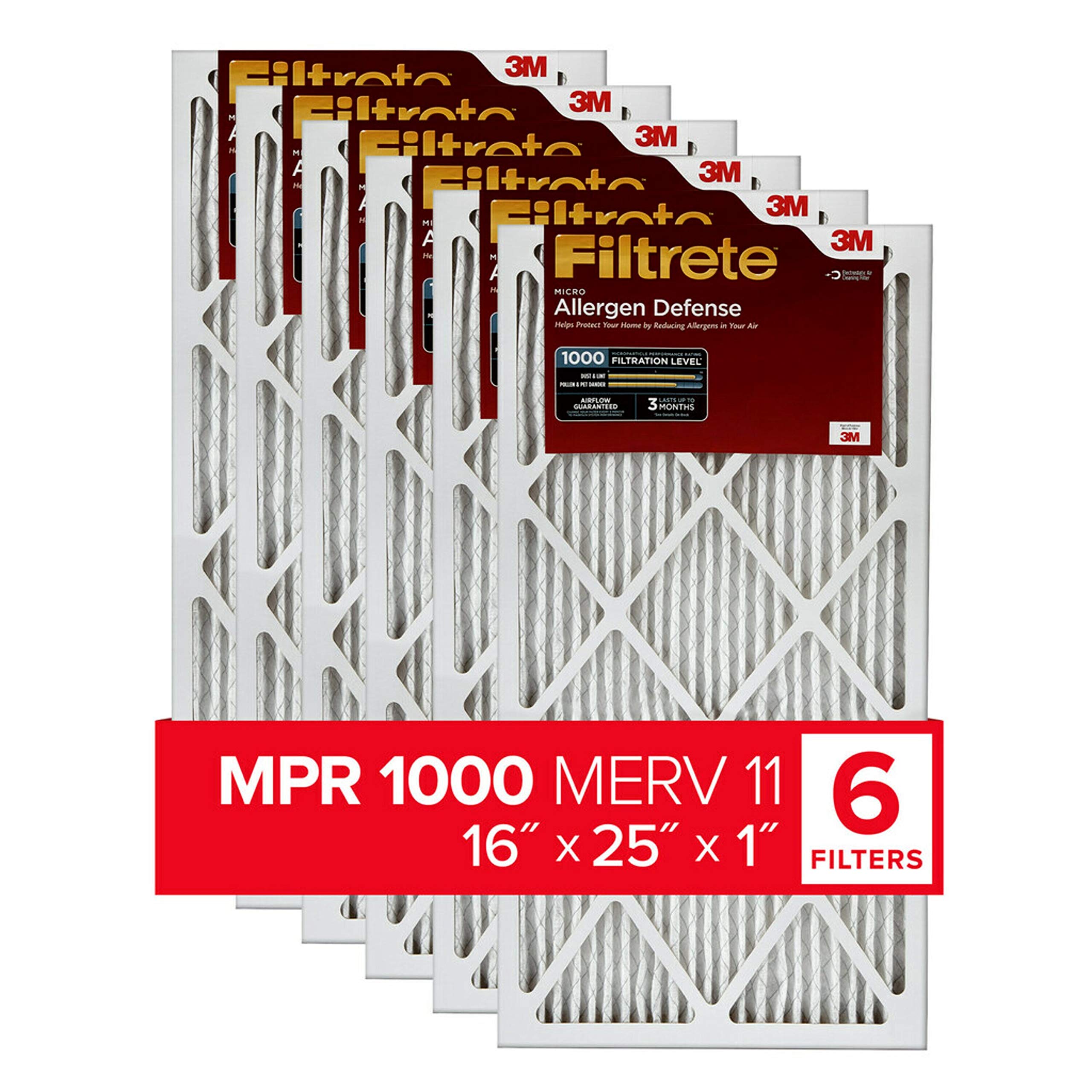 Filtrete 16x25x1 空气过滤器 MPR 1000 MERV 11，过敏原防护，6 件装（精确尺寸 15.69x24.69x0.81）