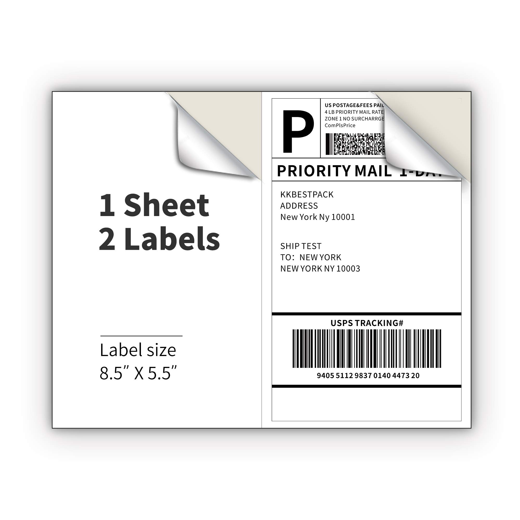 KKBESTPACK 适用于激光和喷墨打印机的半张运输标签 每页 2 张自粘邮寄标签 白色 8.5 x 5.5