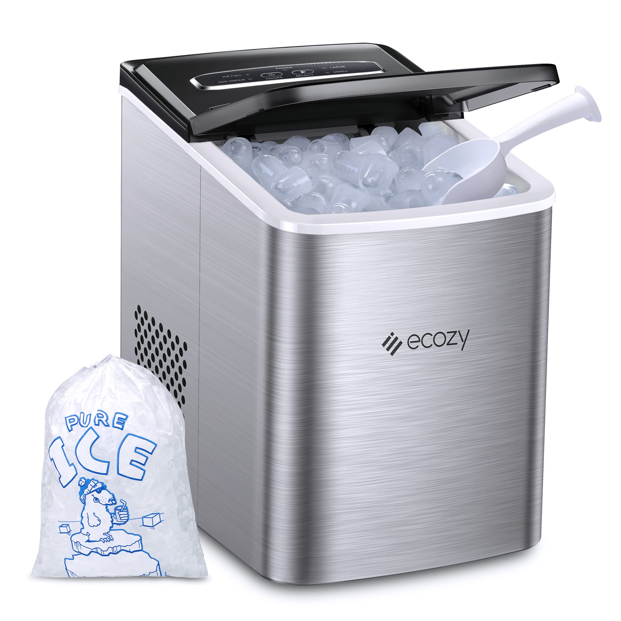 ecozy 便携式制冰机台面，6 分钟内准备好 9 个立方体，24 小时内制冰 26.5 磅，自清洁制冰机，带冰袋/冰勺/冰篮，适用于家庭厨房办公室酒吧派对，银色