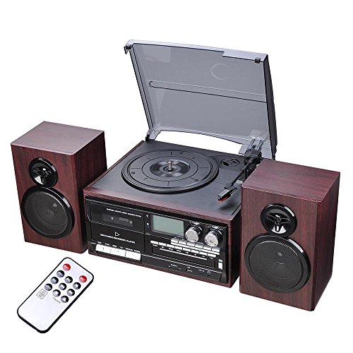 AW 经典蓝牙电唱机系统，带 2 个扬声器 3 速立体声转盘系统 CD/盒式磁带播放器 AM/FM