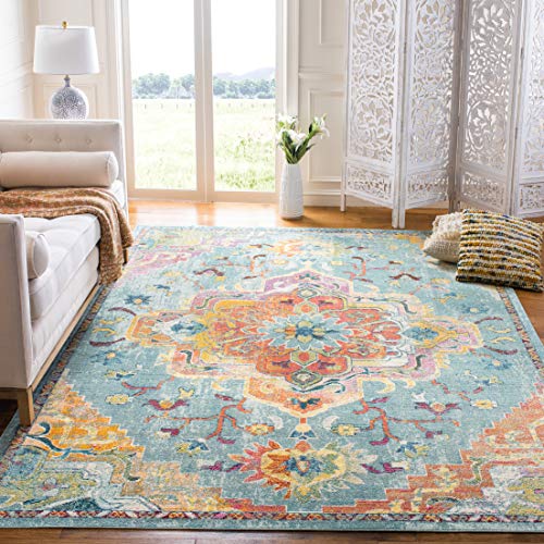 Safavieh Crystal Collection CRS501J波西米亚风别致复古复古地毯，10'x 14'，蓝绿色/橙色