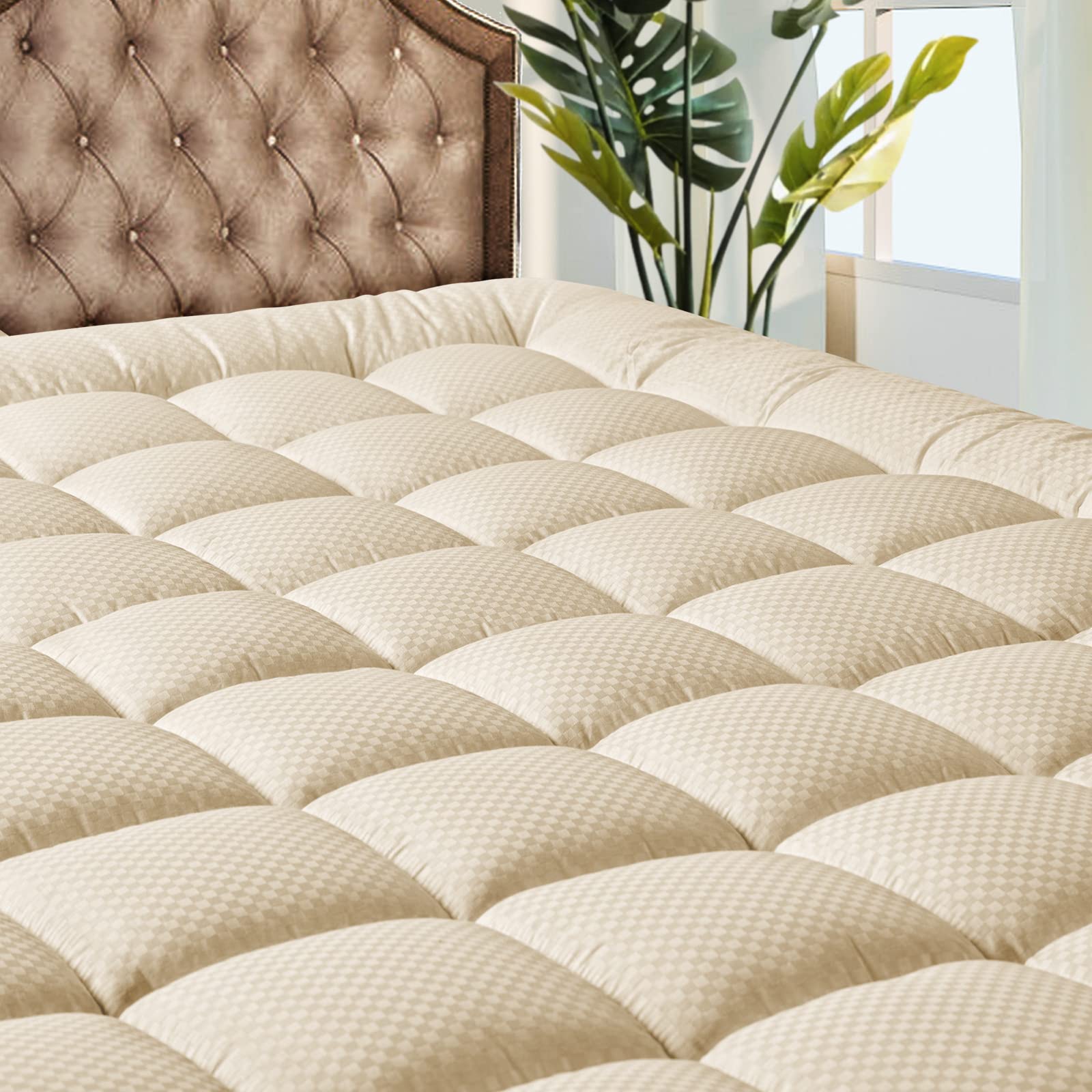 MATBEBY 床上用品绗缝床垫垫冷却透气蓬松柔软床垫垫可拉伸至 21 英寸深，多种尺寸，白色，床垫罩床垫保护罩