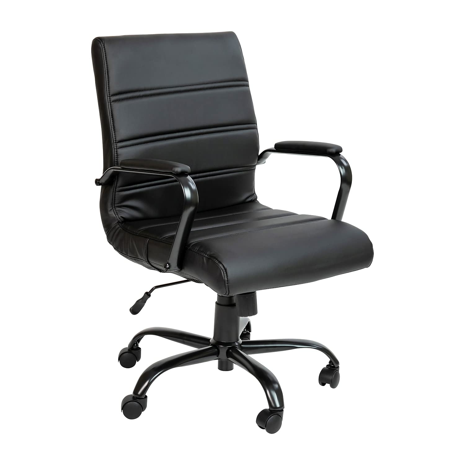 Flash Furniture 中靠背办公桌椅 - 黑色皮革软行政旋转办公椅，带黑色框架 - 旋转扶手椅