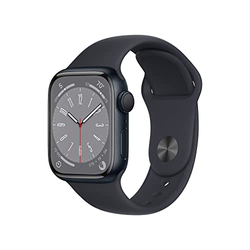 Apple 手表系列 8 [GPS 41 毫米] 智能手表，带午夜铝制表壳和午夜运动表带 - M/L。健身追踪器、血氧和心电图应用程序、常亮视网膜显示屏、防水