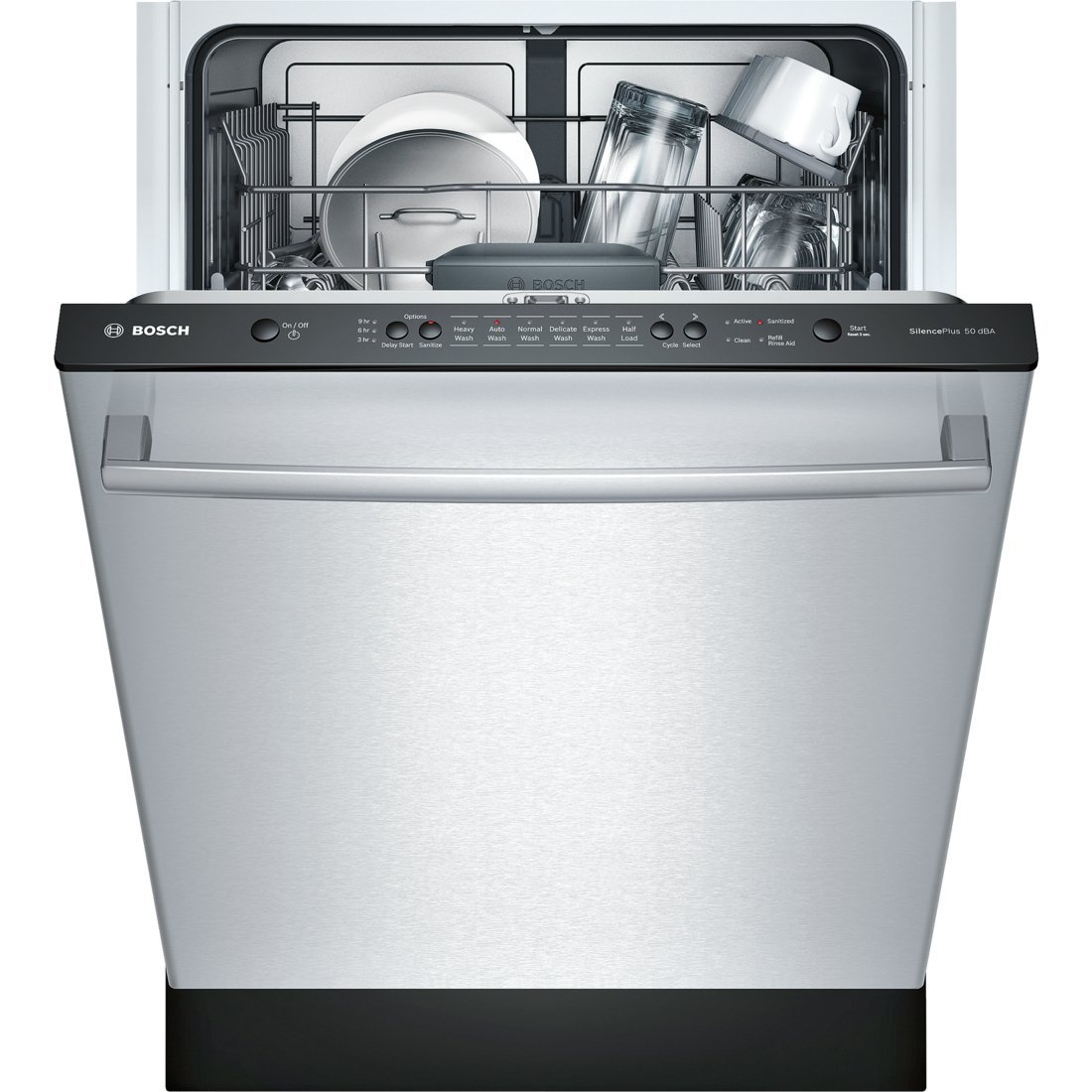 Bosch SHX3AR75UC Ascenta 24英寸全集成嵌入式洗碗机，具有6个洗涤周期14位置设置延迟启动24/7溢出泄漏保护50 dBA的不锈钢静音等级