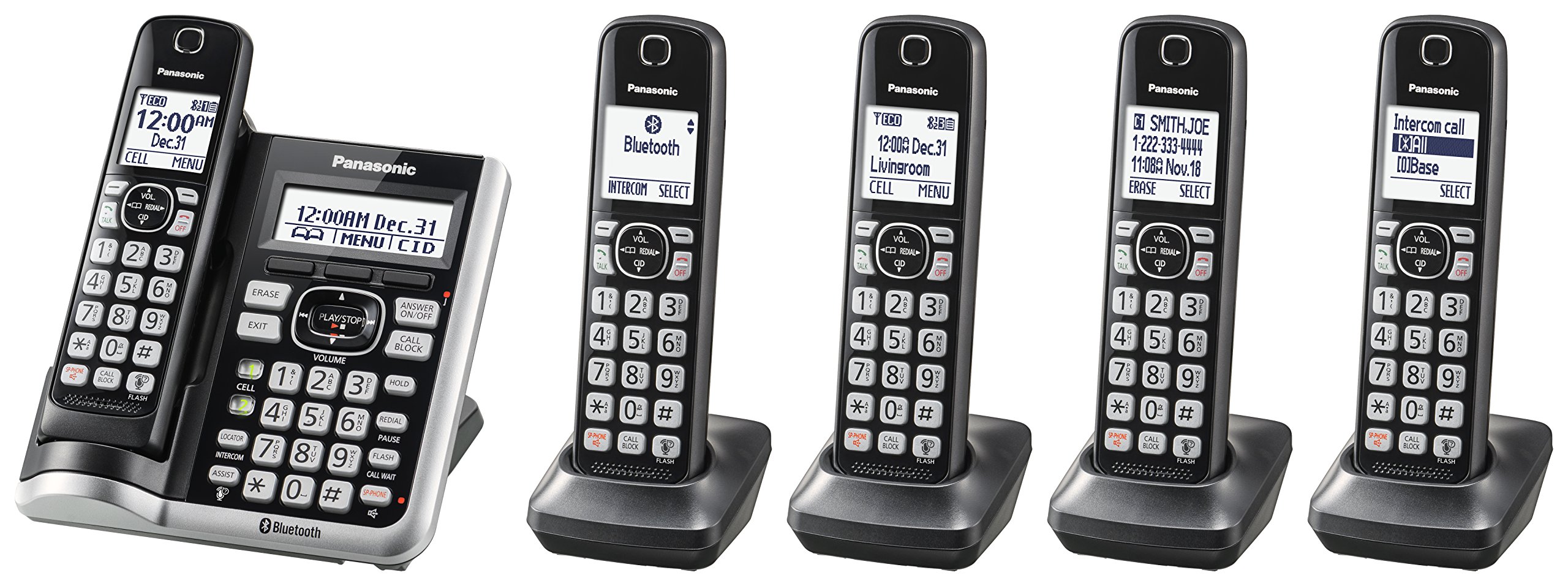 Panasonic Link2Cell 蓝牙无绳电话系统，带语音助手、呼叫阻止和答录机，可扩展家庭电话，带 5 个听筒 KX-TGF575S（黑色，银色装饰）
