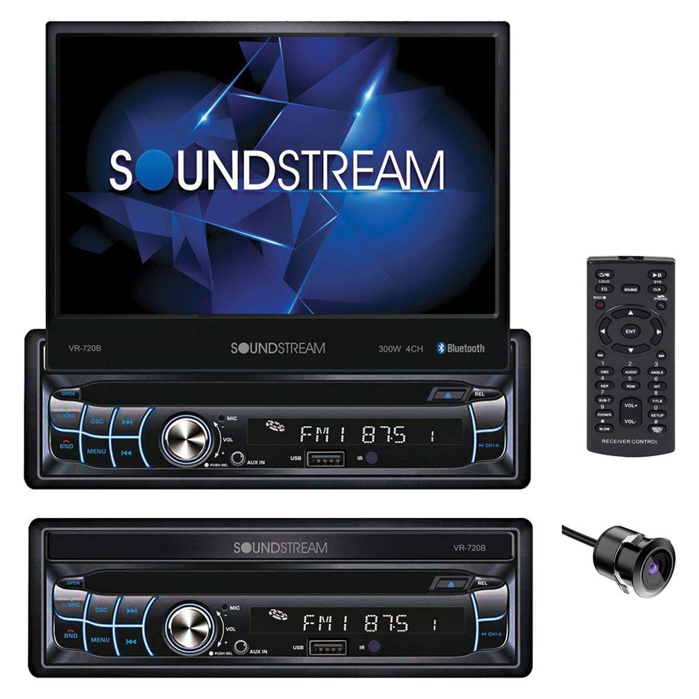 Soundstream VR-720B 单 DIN 汽车立体声 DVD/CD 蓝牙多媒体播放器，带电动 7 英寸翻转式触摸屏和内置放大器