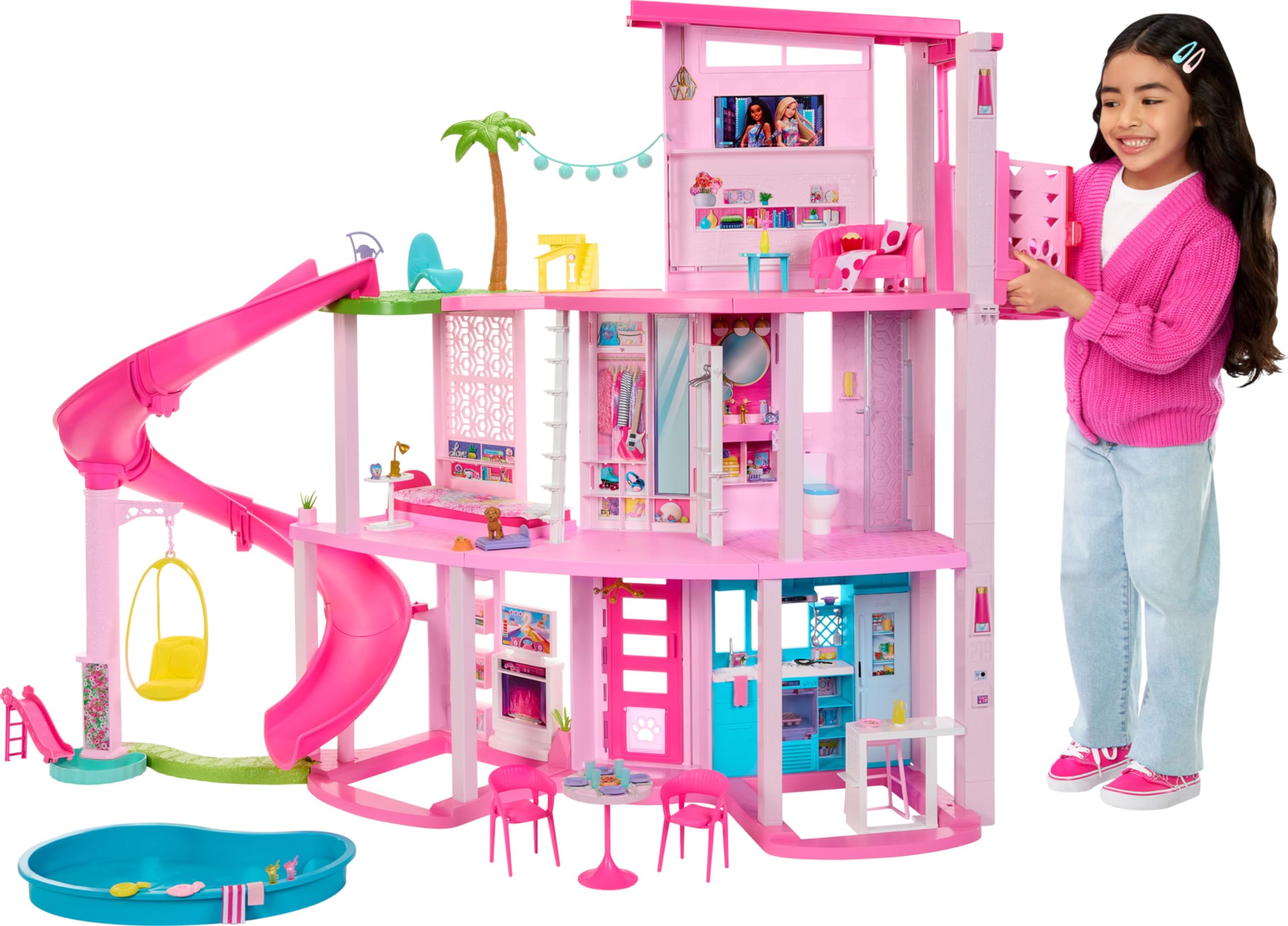 Barbie Dreamhouse 2023，泳池派对娃娃屋，配有 75 多个部件和 3 层滑梯、房屋玩具套装...
