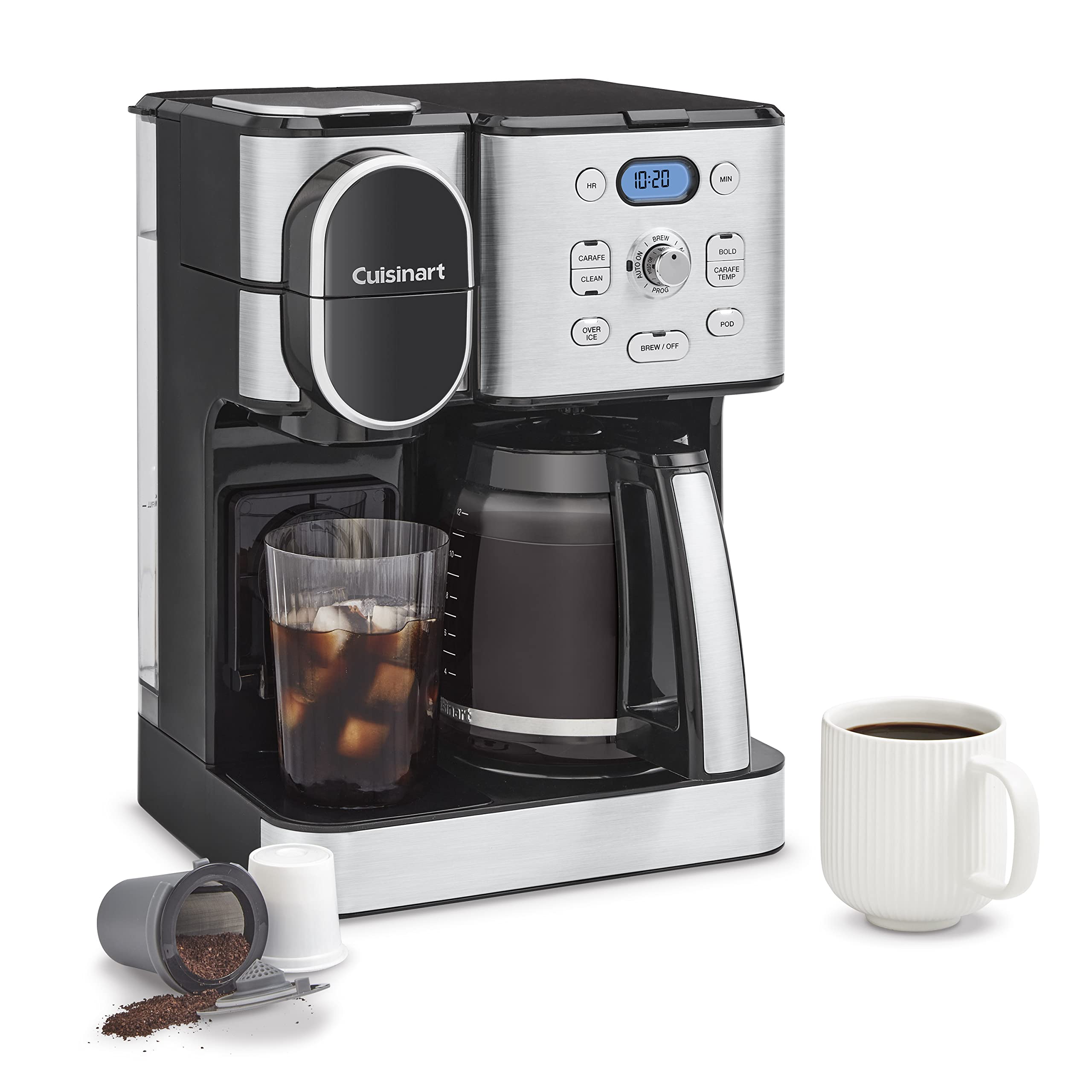 Cuisinart 咖啡机，12 杯玻璃水瓶，自动热咖啡和冰咖啡机，单杯咖啡机，不锈钢，SS-16
