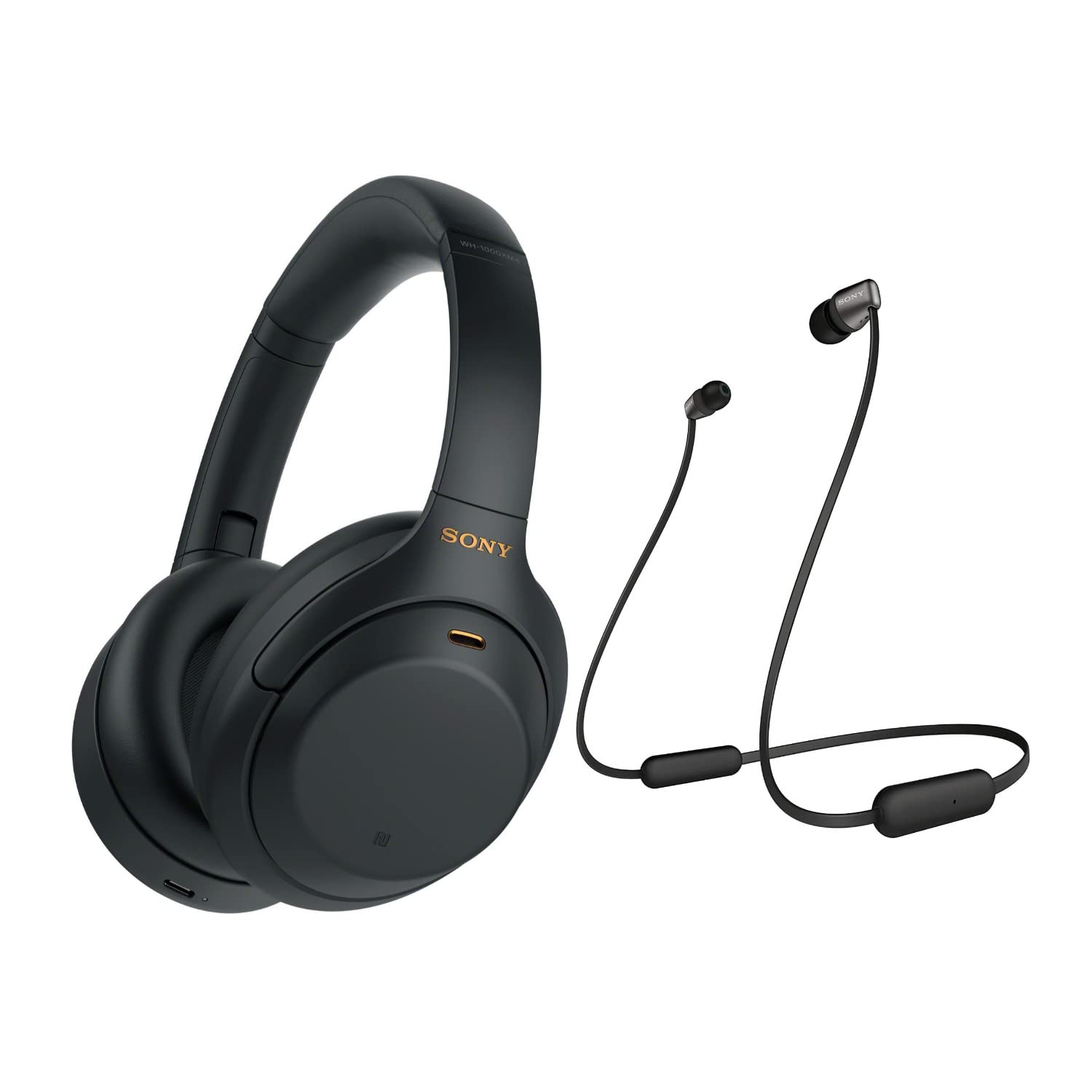 Sony WH-1000XM4 无线蓝牙降噪头戴式耳机（黑色），带入耳式无线耳机套装 - 便携式、持久电池、快速充电，（2 件）