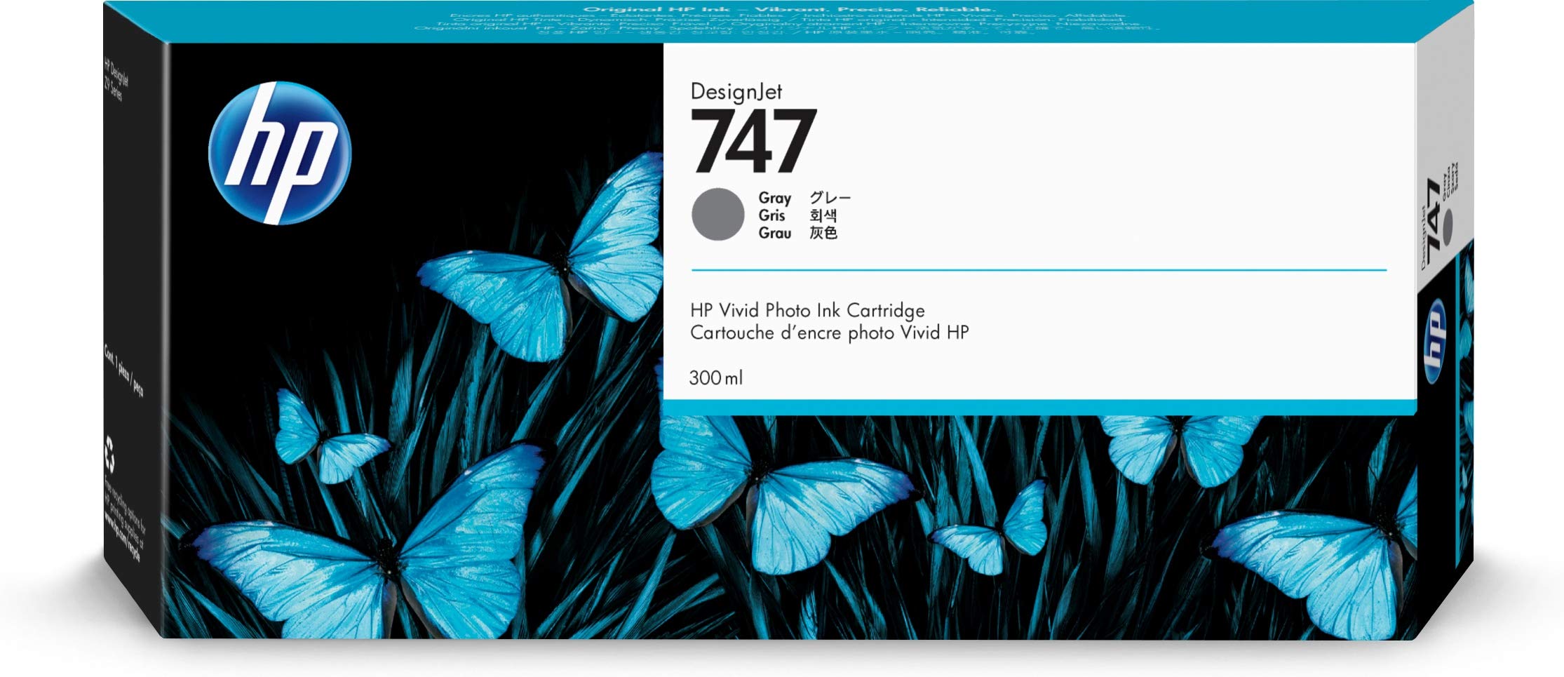 HP 适用于 DesignJet Z9+ 大幅面打印机的 747 灰色 300 毫升原装墨盒 (P2V86A)...