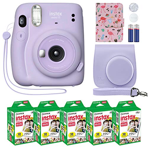 Fujifilm Instax Mini 11 拍立得相机淡紫色 + 定制保护套 + Fuji Instax 胶片超值套装（50 张）Flamingo 设计师写真集 适用于 Fuji instax Mini 11 照片