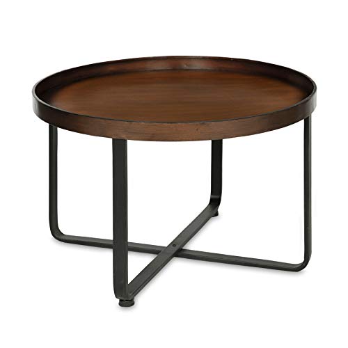 Kate and Laurel Zabel 现代农舍圆形咖啡桌，配有黑色锻铁十字底座和白橡木成品木质嵌件
