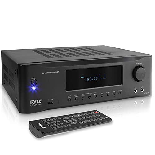  Pyle 5.2 通道高保真蓝牙立体声放大器 - 1000 瓦 AV 家用扬声器低音炮声音接收器，带收音机、USB、RCA、HDMI、麦克风输入、无线流媒体，支持 4K 超高清电...