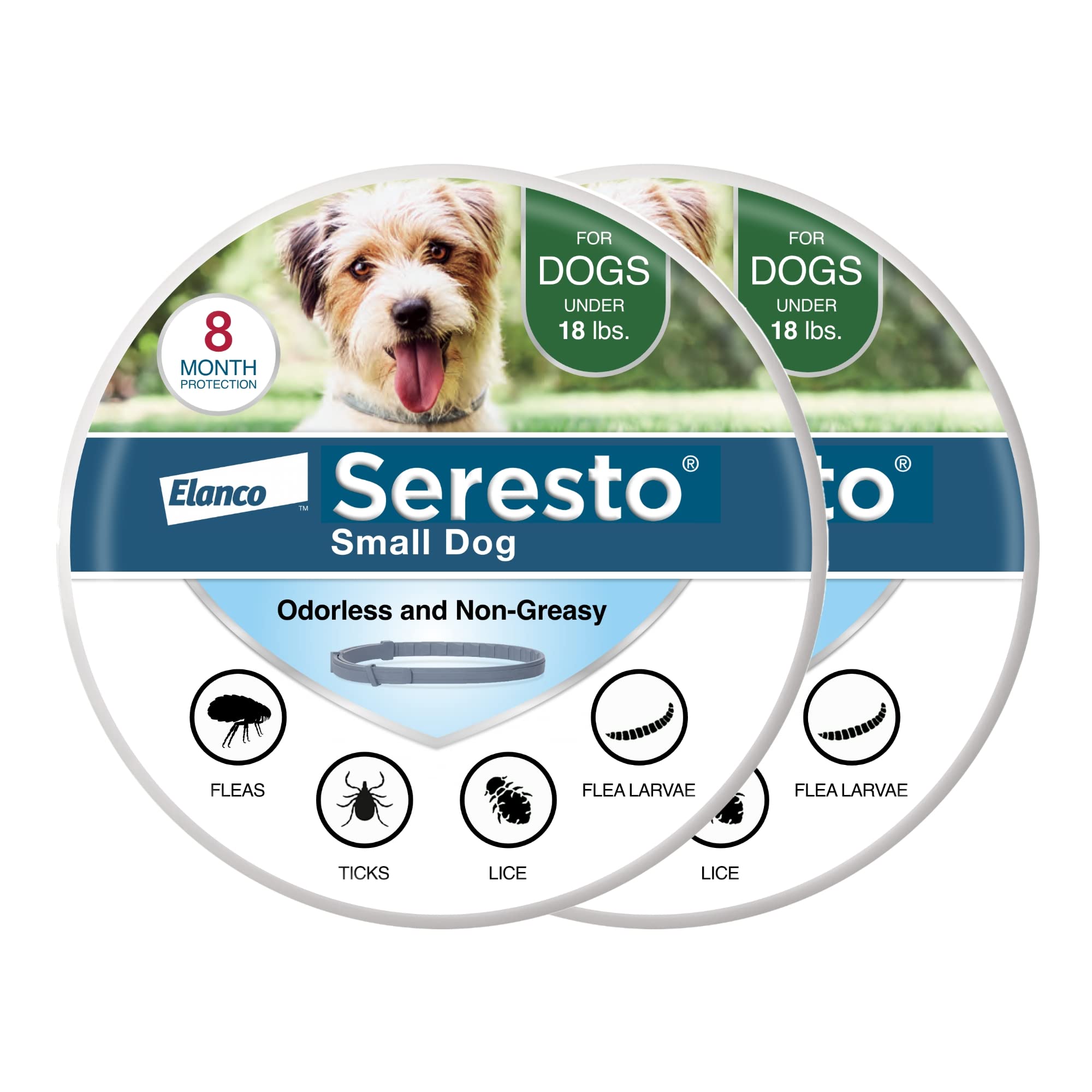 Seresto 小型犬兽医推荐的跳蚤和蜱虫治疗和预防项圈，适用于 18 磅以下的狗狗。 | 2 件装