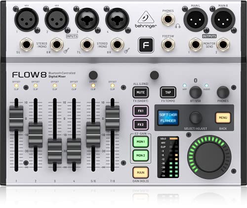 Behringer FLOW 8 8 输入数字调音台，带蓝牙音频和应用程序控制、60 毫米通道推子、2 个 FX 处理器和 USB/音频接口