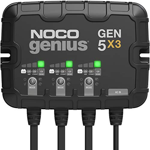 NOCO Genius GEN5X3、3 组、15A（5A/组）智能船用电池充电器、12V 防水船用充电器、AGM、锂 (LiFePO4) 和深循环电池的电池维护器和脱硫器