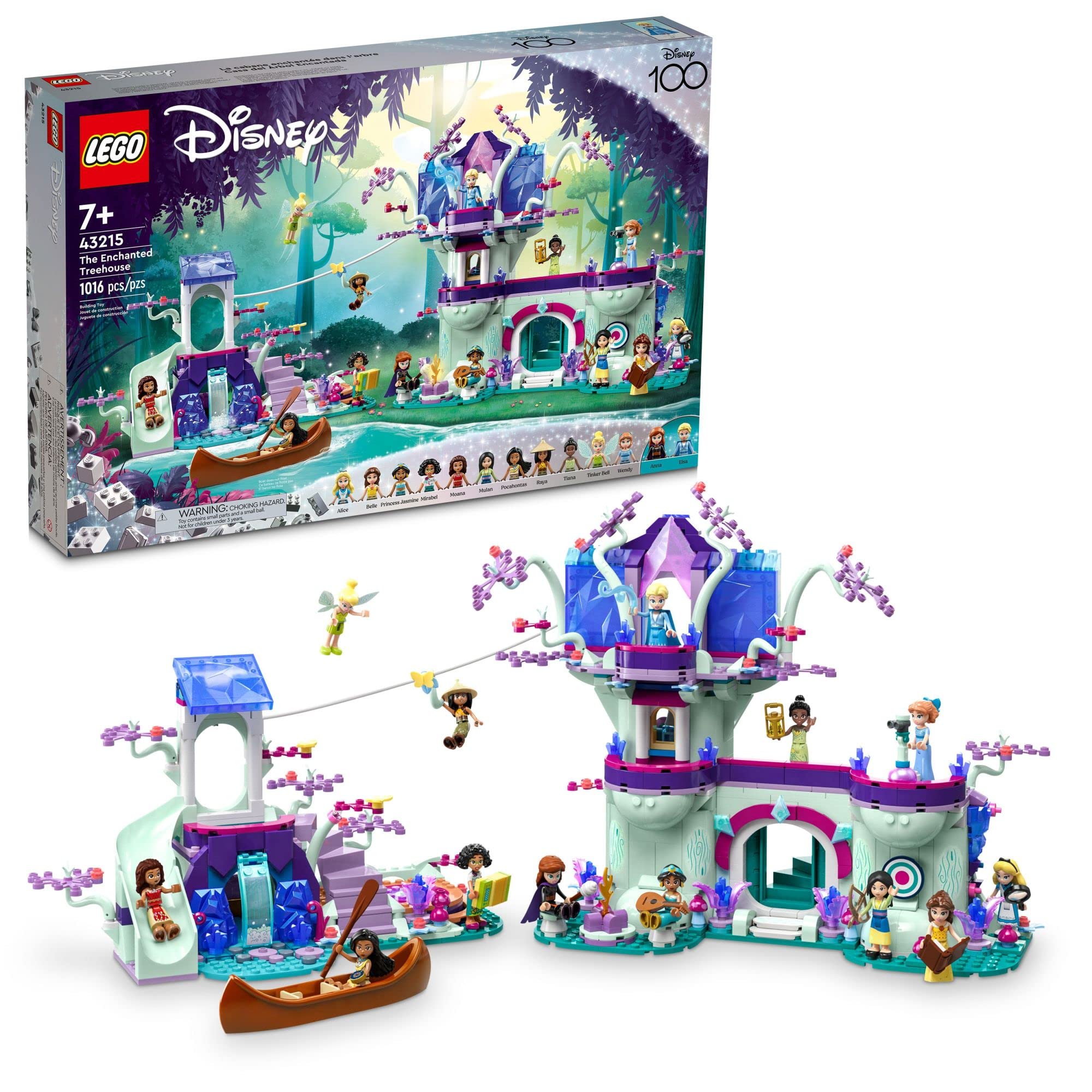 LEGO 迪士尼魔法树屋 43215 可拼搭 2 层树屋，配有 13 个公主迷你玩偶，如茉莉花、艾莎和莫阿娜，...