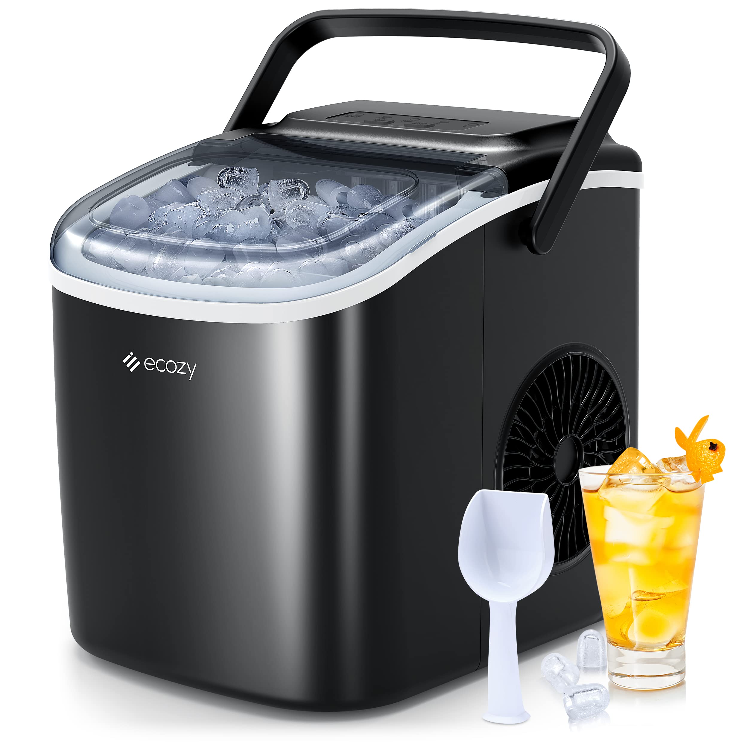 ecozy 便携式台面制冰机 - 6 分钟内制冰 9 块，日产量 26 磅，带冰袋、勺子和篮子自动清洁，适用于厨房、办公室、酒吧、派对 - 黑色