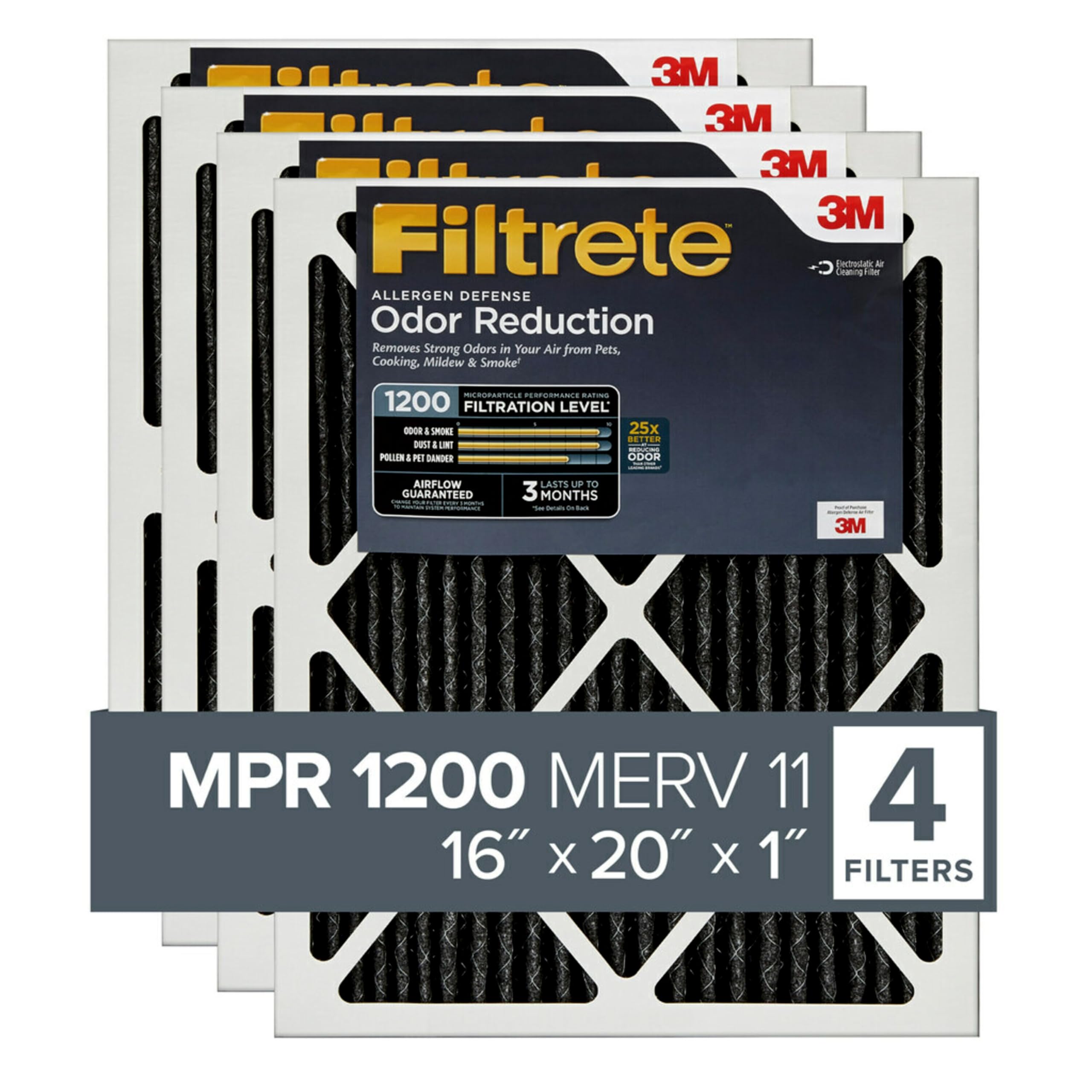 Filtrete 16x20x1 空气过滤器 MPR 1200 MERV 11，减少过敏原气味，4 件装（精确尺寸 15.69x19.69x0.81）