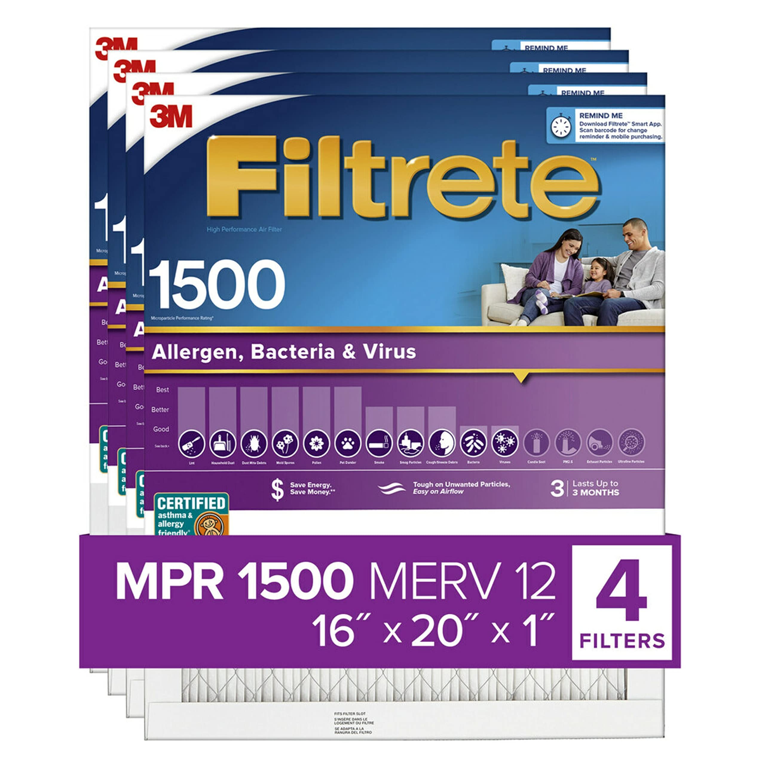 Filtrete 16x20x1 空气过滤器，MPR 1500，MERV 12，健康生活超过敏原 3 个月褶式 1 英寸空气过滤器，4 个过滤器