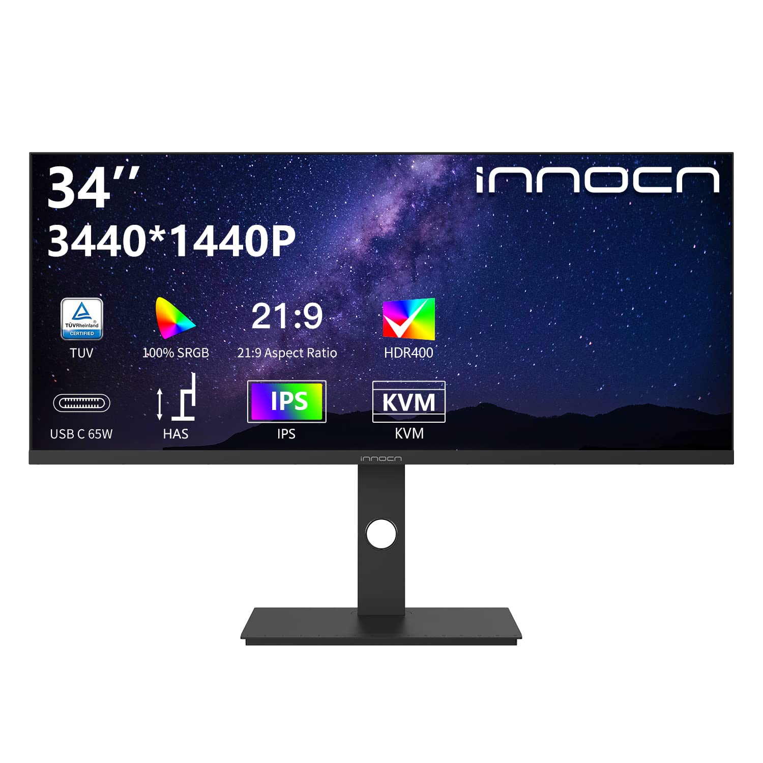 INNOCN 34 英寸超宽显示器 21:9 WQHD 3440 x 1440p IPS 显示屏 100% sRGB 75Hz 自适应同步 HDR400 USB Type-C 显示器，超窄边框，高度可调节，可安装 - 34C1Q
