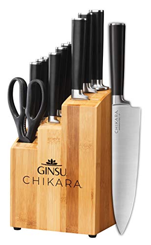 Ginsu Gourmet Chikara系列锻造12件日本钢刀套装-带有420J不锈钢厨刀的餐具套装-竹饰面...
