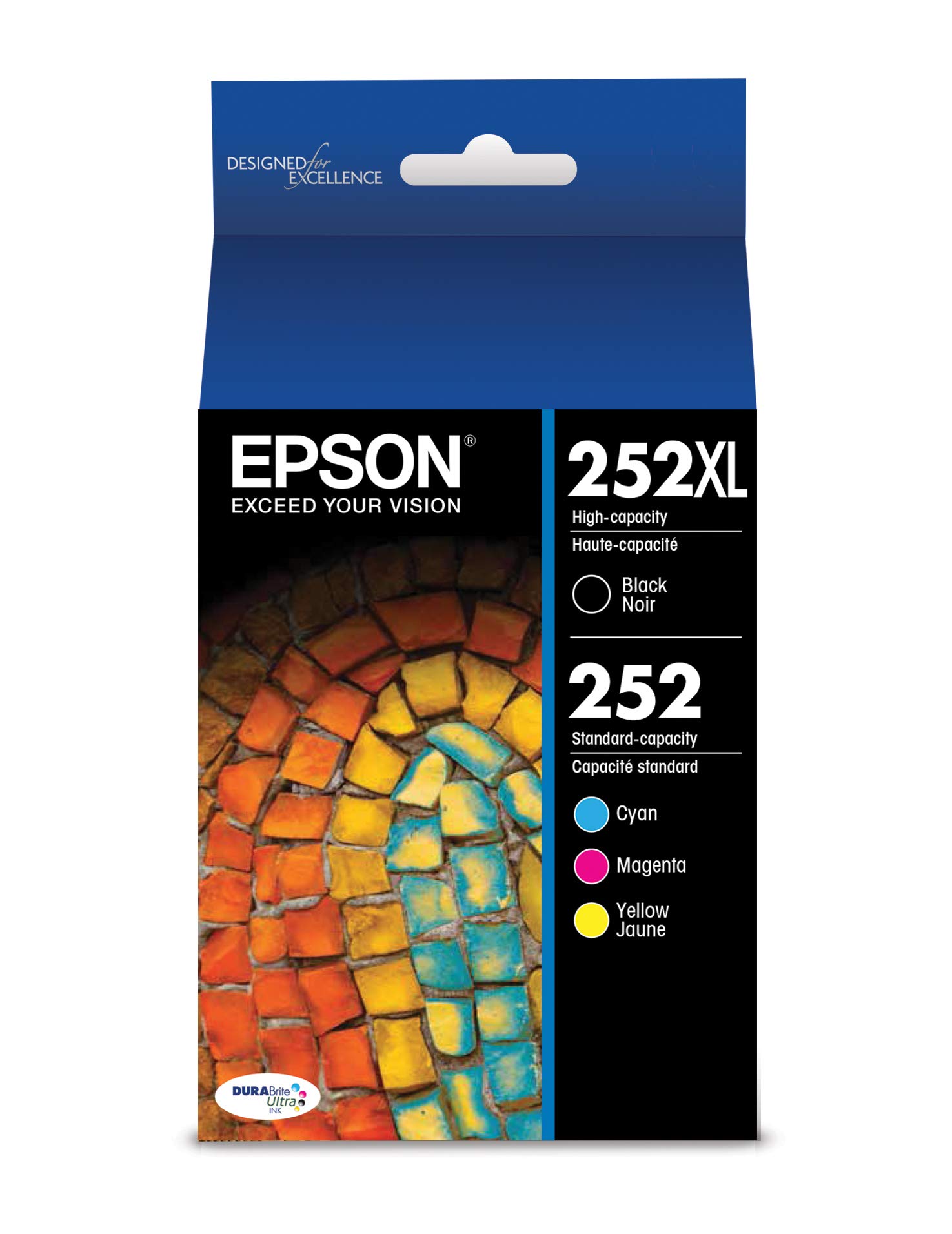 Epson 252XL/252 高印量黑色和标准印量青色/品红色/黄色墨盒，4 件装（型号 T252XL-BC...