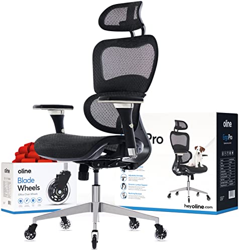 Oline ErgoPro 人体工学办公椅 - 带 4D 可调节扶手、4D 腰部支撑和叶片轮的滚动桌椅 - 网状电脑椅、游戏椅、行政转椅