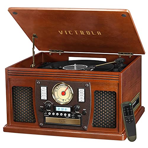 Victrola 合 1 蓝牙电唱机和多媒体中心，内置立体声扬声器 - 转盘，无线音乐流，实木 |桃花心木