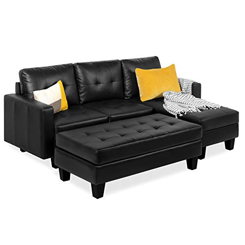 Best Choice Products 3 座 L 形簇绒人造皮革组合沙发套装，带躺椅、奥斯曼长凳 - 黑色