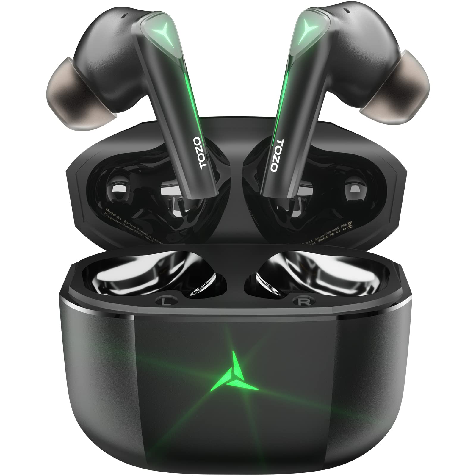 TOZO G1 无线耳塞式蓝牙 5.3 耳机，45 毫秒超低延迟，凉爽呼吸灯，人体工学设计，游戏/重低音音乐模式耳机内置麦克风，立体声，黑色