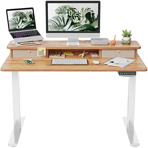FEZIBO 高度可调电动站立式办公桌带双抽屉、桌子带储物架、坐立式办公桌带拼接板...